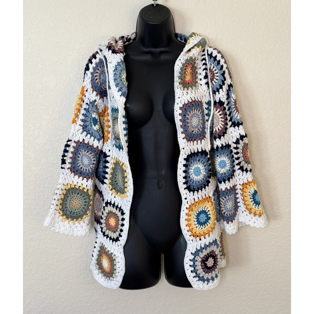 Vintage Crochet Granny Square Patchwork Hooded Coatigan Oversized Knit Cottage